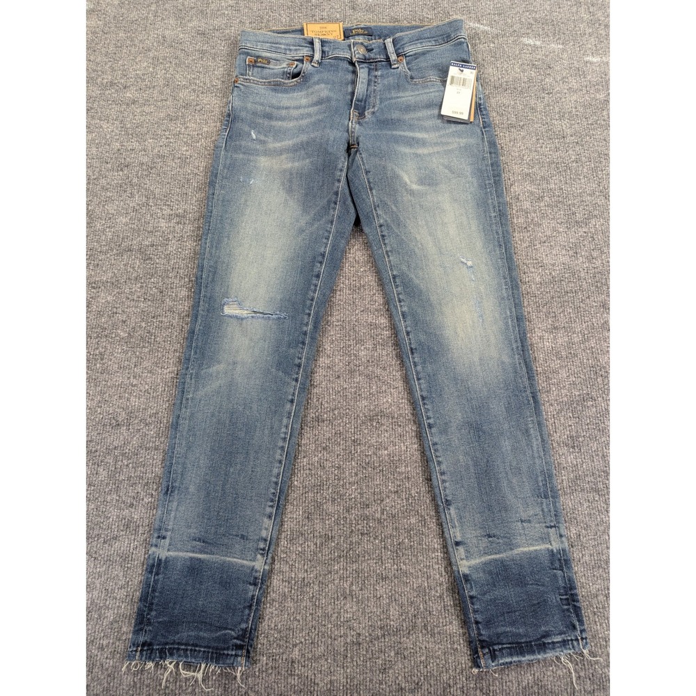 Polo Ralph Lauren The Tompkins Skinny Jeans Blue Distressed Frayed Hem 27 NEW